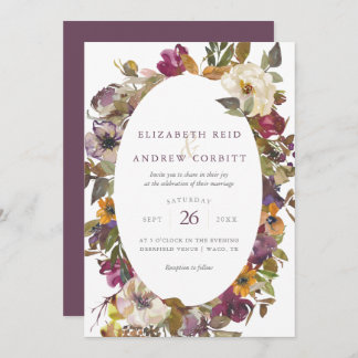 Invitación Boda floral de color de agua de ciruela y mostaza