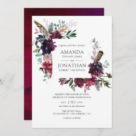 Invitación Boda floral de color de agua de plumas violetas de