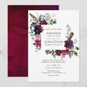 Invitación Boda floral de color de agua de plumas violetas de
