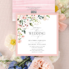 Invitación Boda floral de color de agua rosada de código QR