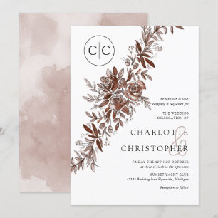 Invitación Boda floral de color de agua rosado monogramo