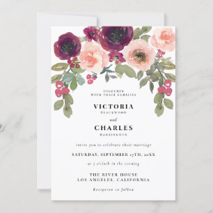 Invitación Boda floral de color de agua verde y Rubor minimal