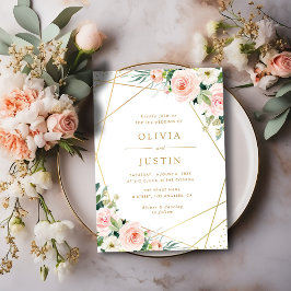 Invitación boda floral de color dorado y rosa geométrico
