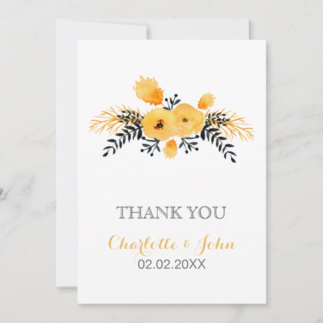 Invitación boda floral de color gris amarillo (Anverso)
