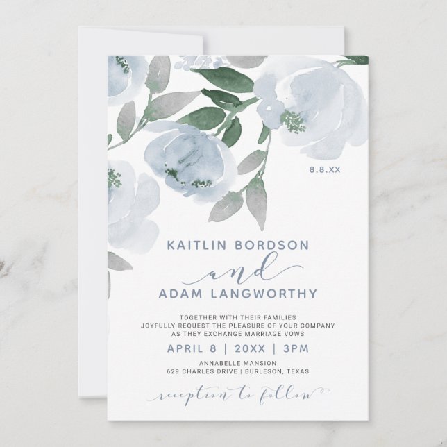 Invitación Boda floral de color gris azul turbio (Anverso)