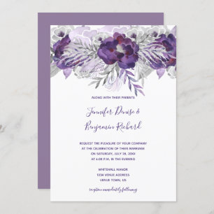 Invitación Boda floral de color gris morado plateado