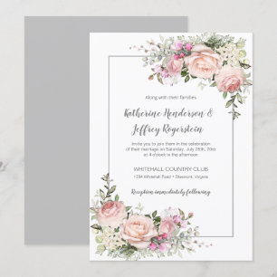 Invitación Boda floral de color gris verde rosa Rubor