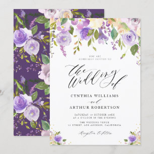Invitación boda floral de color morado y melocotón
