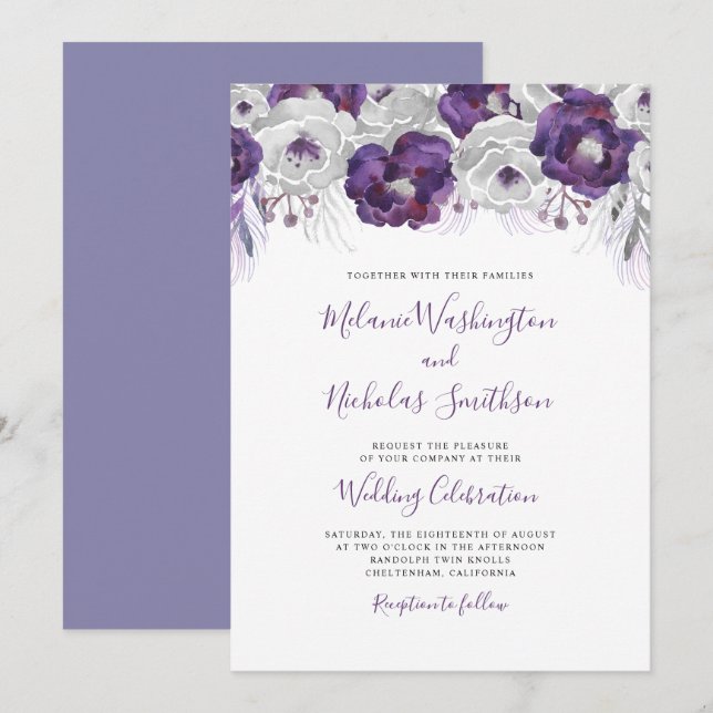 Invitación Boda floral de color púrpura de moda (Anverso / Reverso)