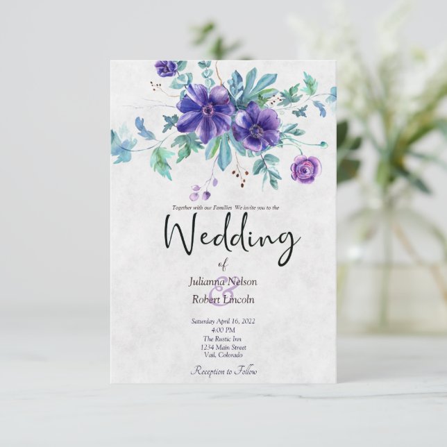 Invitación Boda floral de color púrpura de presupuesto (Anverso de pie)