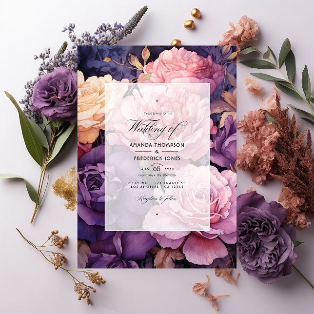 Invitación Boda floral de color púrpura intenso, lavanda y ro (Subido por el creador)