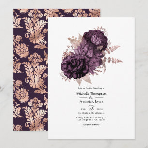 Invitación Boda floral de color púrpura oscuro y dorado rosa