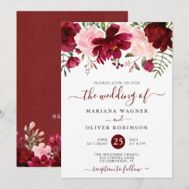 Invitación Boda floral de color rosa burdeos moderno