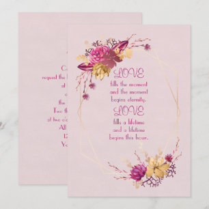 Invitación boda floral de color rosa con borde dorado