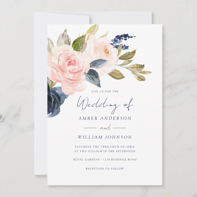 Invitación Boda floral de color rosa navy   (Anverso)