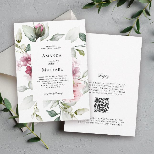Invitación Boda floral de color rosa romántico (Available in both printed and instant download digital formats.)