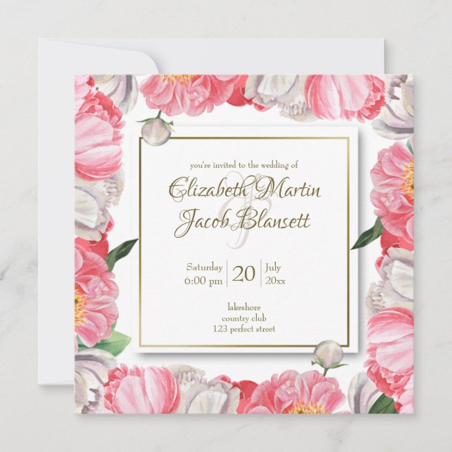 Invitación Boda floral de color rosa y blanco (Anverso)