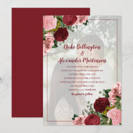 Invitación Boda floral de color rosa y burdeos en foto