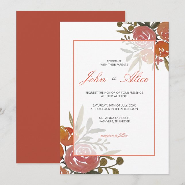 Invitación Boda floral de color rosa y Naranja (Anverso / Reverso)