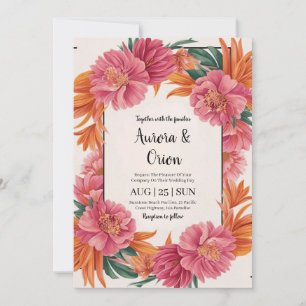 Invitación boda floral de color rosa y naranja brillante