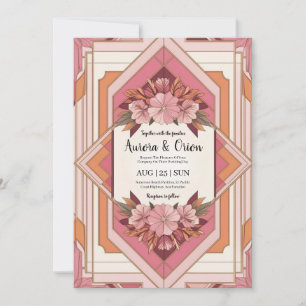 Invitación boda floral de color rosa y naranja brillante