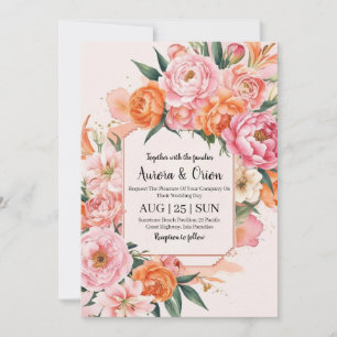 Invitación boda floral de color rosa y naranja brillante