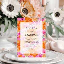 Invitación Boda floral de color rosa y Naranja vibrante