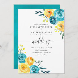 Invitación Boda floral de color turquesa y amarillo