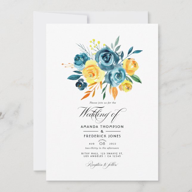 Invitación Boda floral de color turquesa y amarillo (Anverso)
