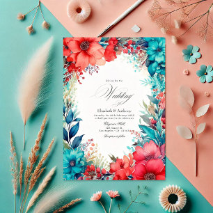 Invitación Boda floral de color turquesa y coral