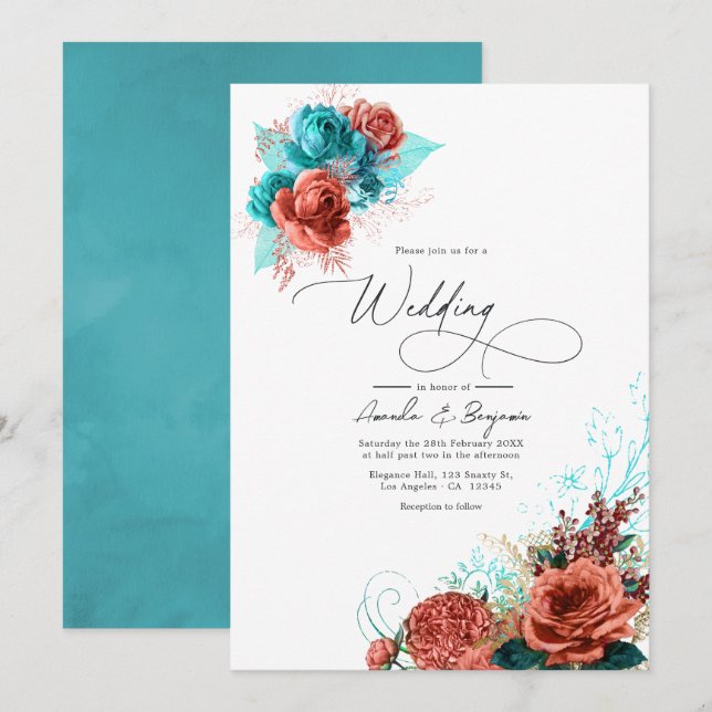 Invitación Boda floral de color turquesa y coral (Anverso / Reverso)