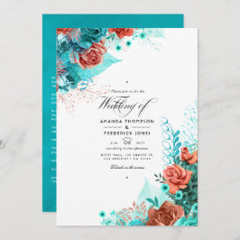 Invitación Boda floral de color turquesa y coral clásico