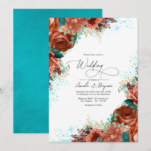 Invitación Boda floral de color turquesa y coralino
