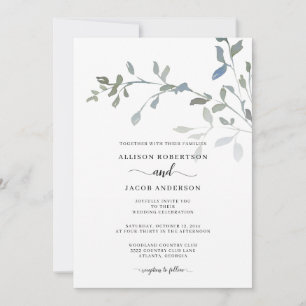 Invitación Boda floral de color verde azul turbio mínimo