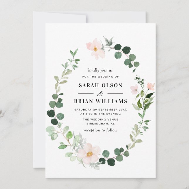 Invitación boda floral de color verde elegante (Anverso)