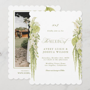 Invitación Boda floral de color verde salvia escalonado y bla