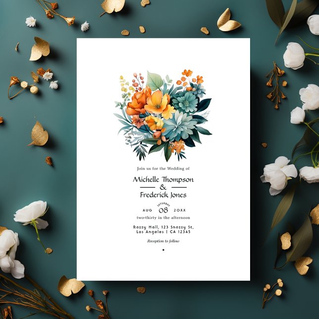 Invitación Boda floral de color verdigris y dorado (Subido por el creador)