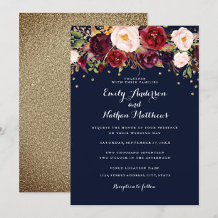 Invitación Boda floral de confeti dorado y burgundy navy
