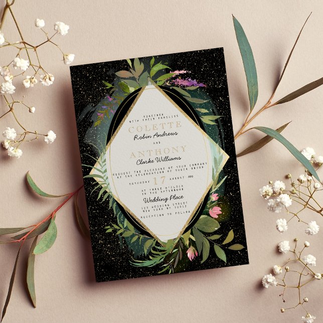 Invitación Boda floral de confeti verde negro (Black pink green faux gold confetti floral Wedding )