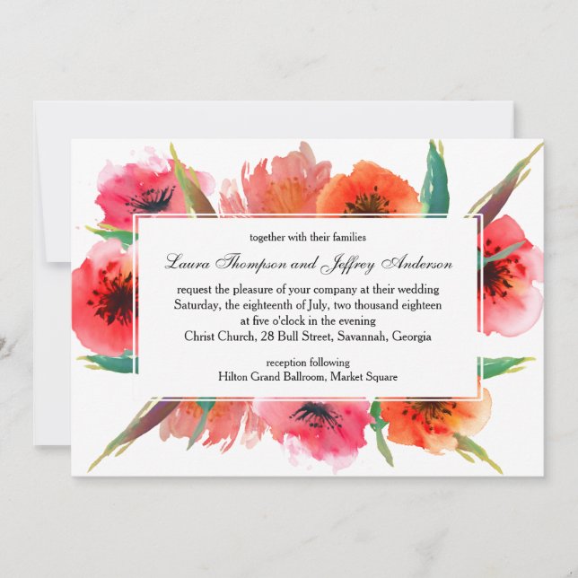 Invitación Boda Floral de Coppies Pintados Rojos (Anverso)