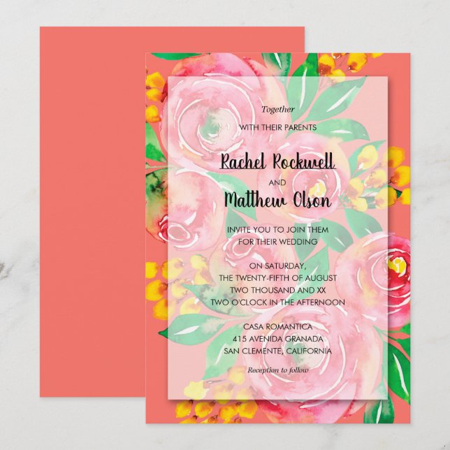 Invitación Boda floral de coral amarillo rosa (Anverso / Reverso)