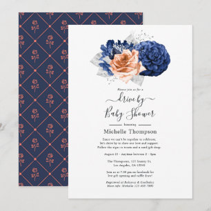 Invitación Boda floral de coral, azul marino y plata