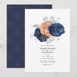 Invitación Boda floral de coral, azul marino y plata