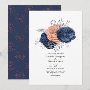 Invitación Boda floral de coral, azul marino y plata