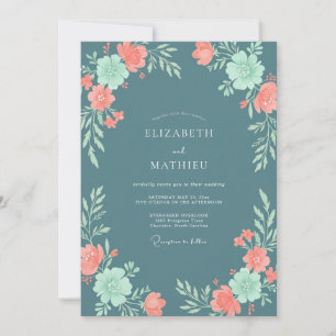 Invitación Boda floral de coral azul pizarra