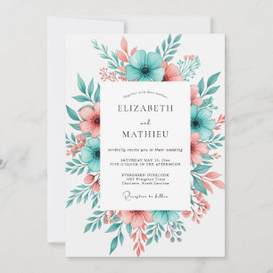 Invitación Boda floral de coral azul verdoso floreciendo