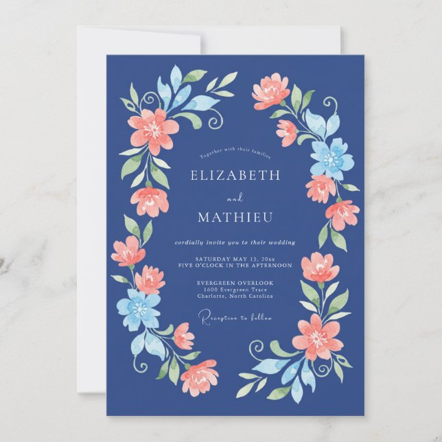 Invitación Boda floral de coral de la marina (Anverso)