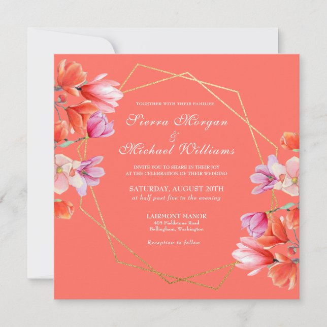 Invitación Boda floral de coral geométrico de oro moderno (Anverso)