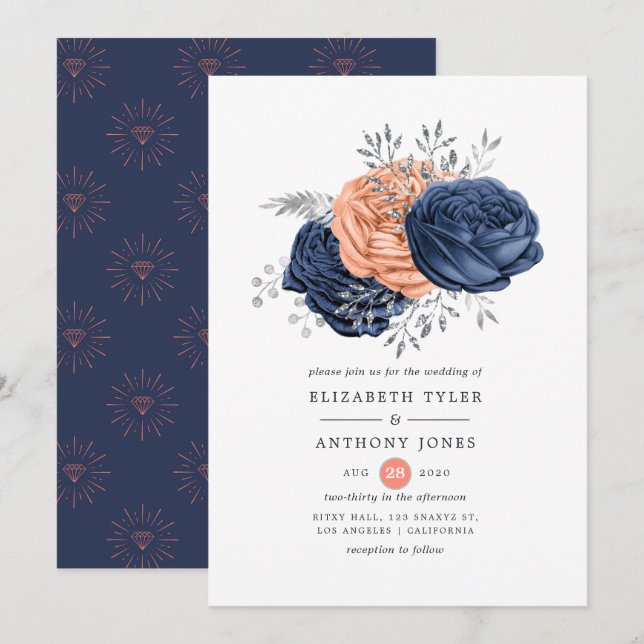 Invitación Boda floral de coral, marina y plata (Anverso / Reverso)