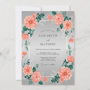 Invitación Boda floral de coral radiante plateado
